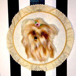 Vintage Embroidered Fluffy Yorkie Dog Lover Needle Felting Unique OOAK Wall Art